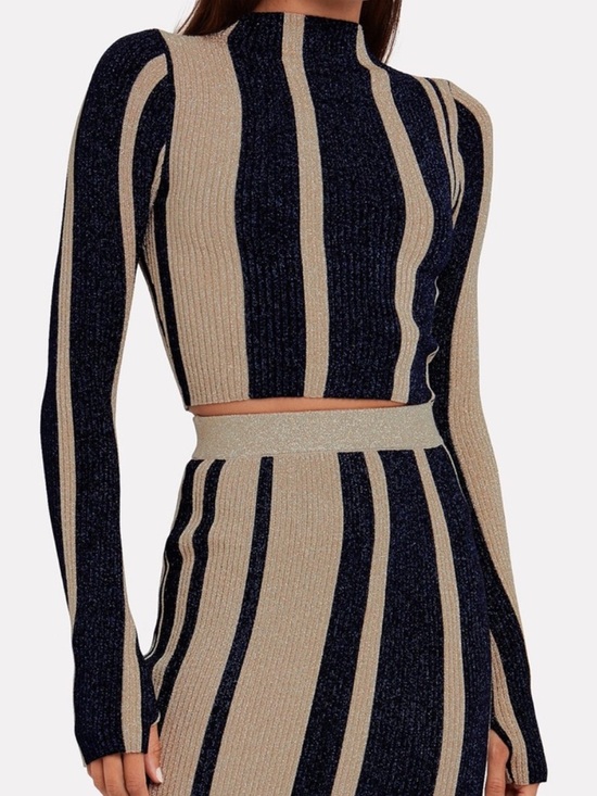 Self-Portrait Tops - Self-Portrait Metallic Knit Navy & Metallic Striped Crop Knit Jumper Size Small